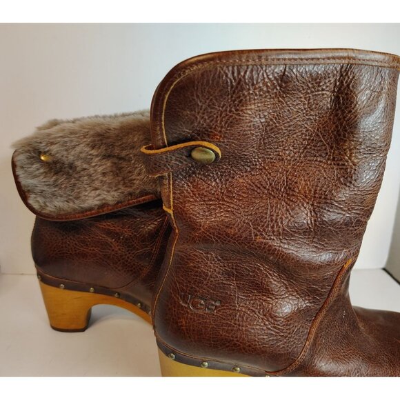 UGG Size 6 Lynnea Chestnut Studded Distressed Clog Boot Foldover Shearling Cuff - Picture 8 of 11